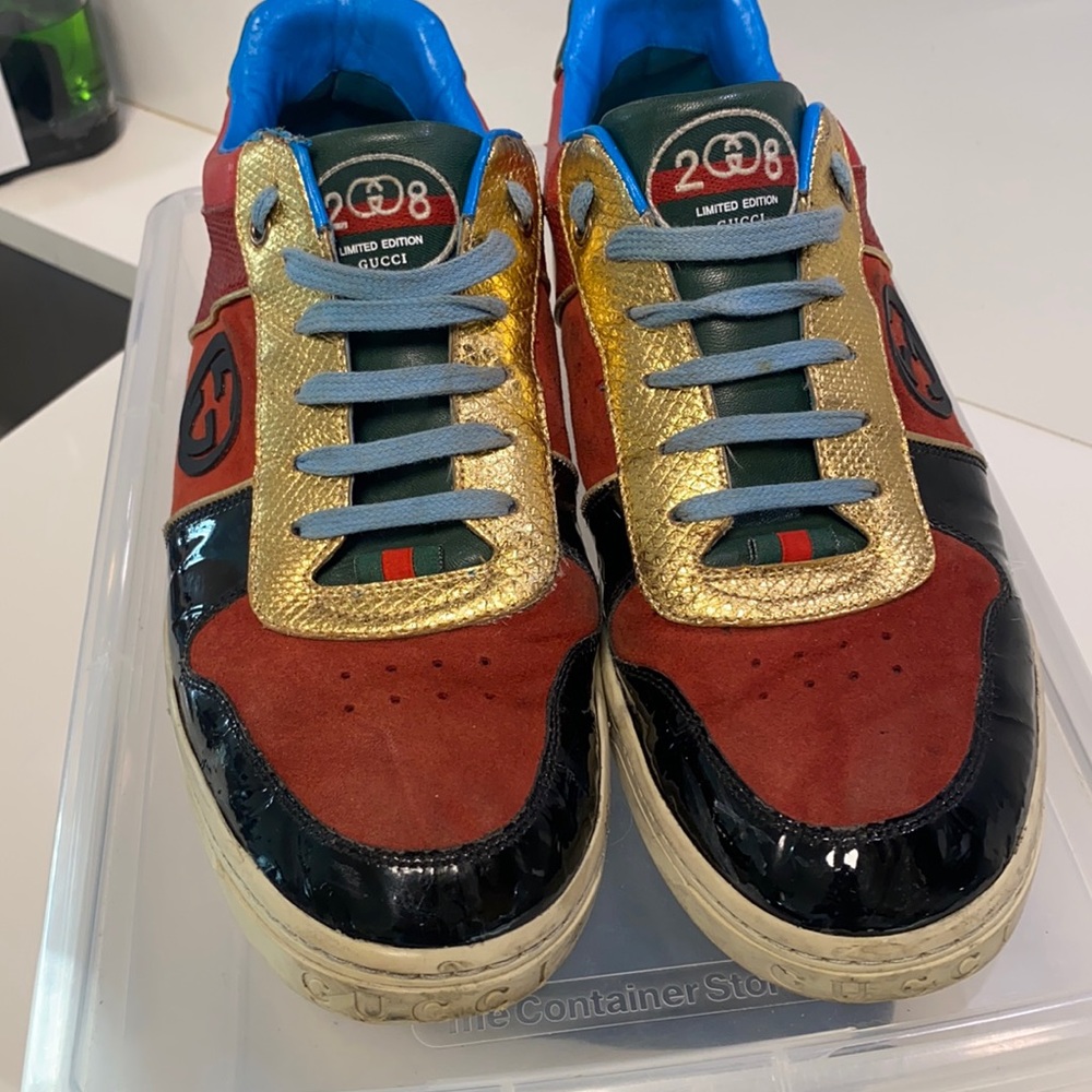 RARE GUCCI 2008 LIMITED EDITION,Black,red suede,gold,green,blue leather accent.